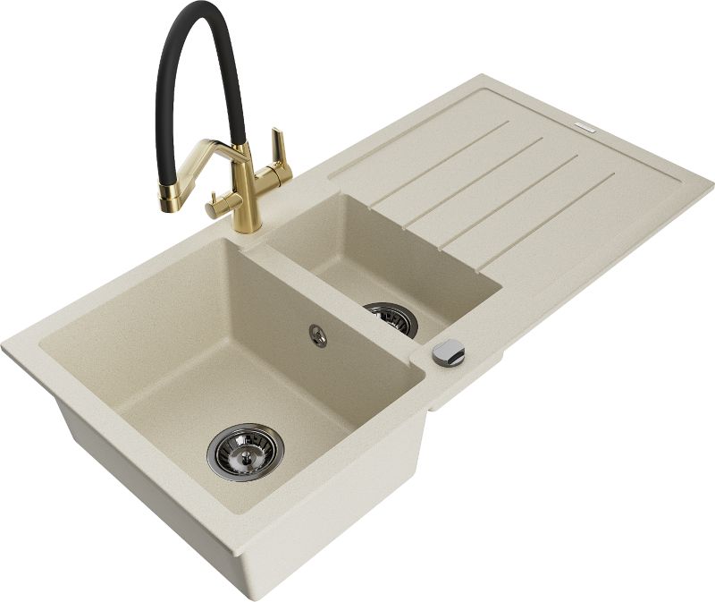 Zlewozmywak granitowy Mexen Andres 1,5-komorowy z ociekaczem i baterią kuchenną Duo beżowy 6515-69-671701-57-B