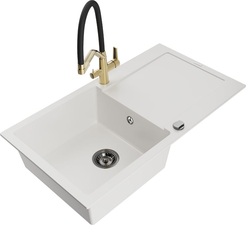 Zlewozmywak granitowy Mexen Leo 1-komorowy z ociekaczem i baterią kuchenną Elia beżowy - 6501-69-670101-69 1 szt.