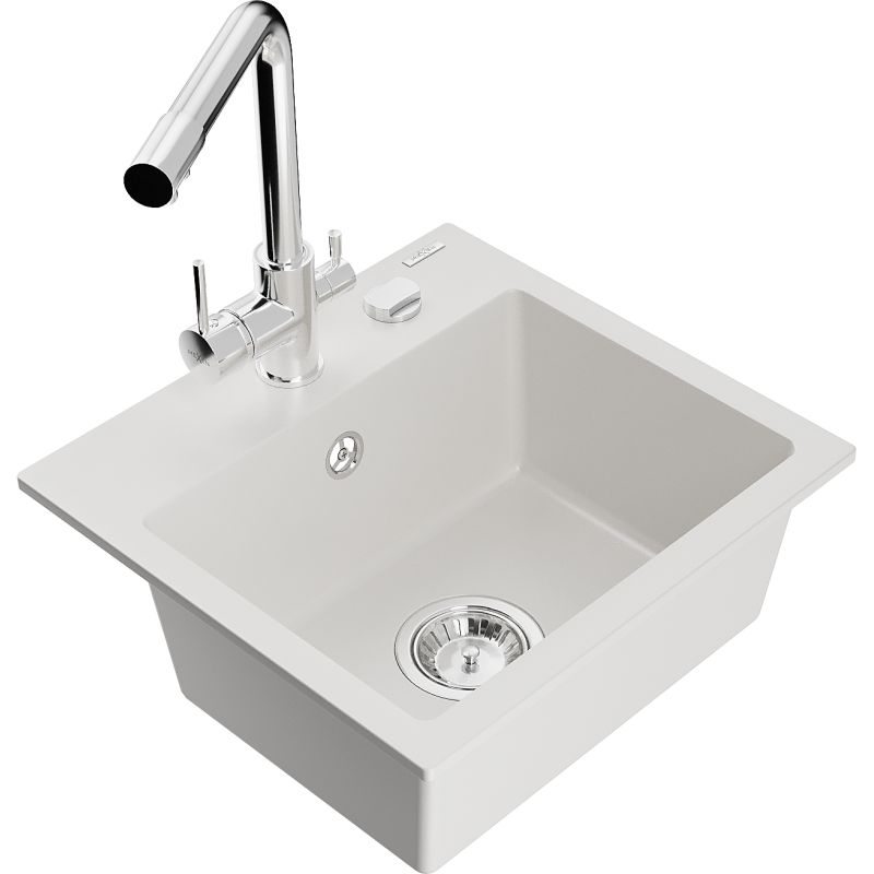 Zlewozmywak granitowy 1-komorowy Mexen Milo z baterią kuchenną Duero biały 6505-20-671600-00