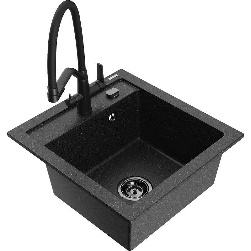 Zlewozmywak granitowy 1-komorowy Mexen Vito z baterią kuchenną Duo czarny/złoty metalik - 6503-75-671701-70-B 1 szt.