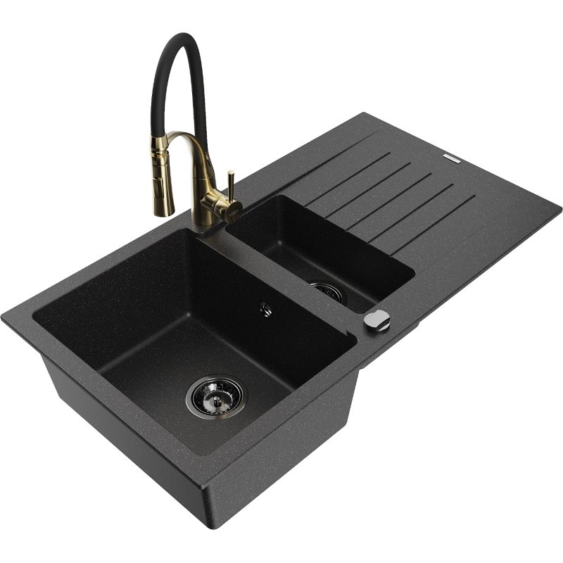Zlewozmywak granitowy 1.5-komorowy Mexen Matias z ociekaczem i baterią kuchenną Aster czarny/srebrny 6502-73-73450-57-B
