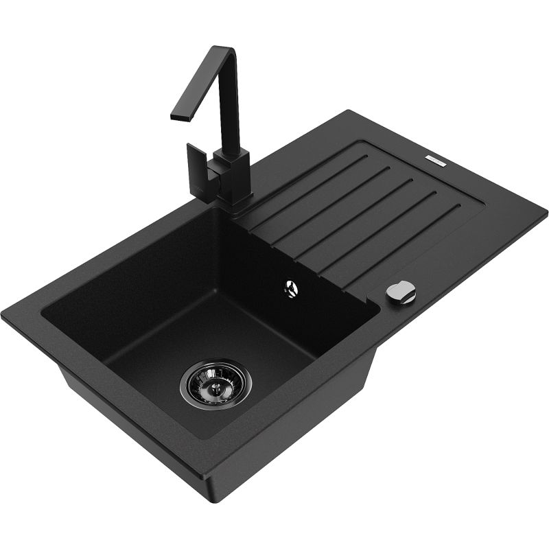 Zlewozmywak granitowy 1-komorowy Mexen Pablo z ociekaczem i baterią kuchenną Rita czarny - 6510-77-670300-70 1 szt.