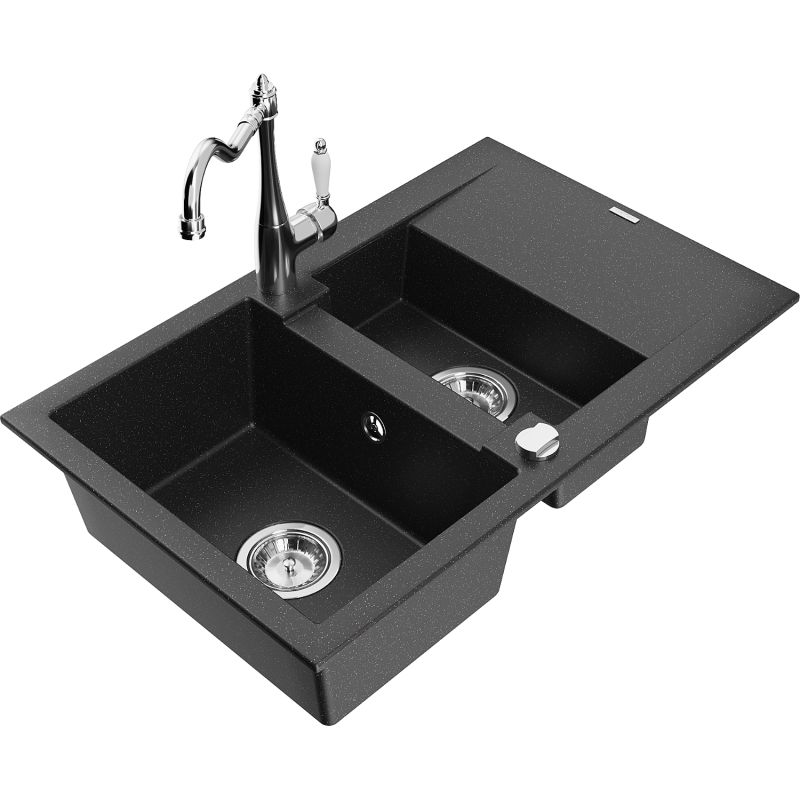 Zlewozmywak granitowy 1.5-komorowy Mexen Gaspar z ociekaczem i baterią kuchenną Carla czarny/srebrny metalik 6507-73-670700-00