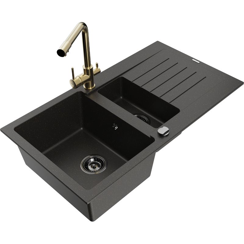 Zlewozmywak granitowy 1.5-komorowy Mexen Matias z ociekaczem i baterią kuchenną Duero czarny/złoty 6502-75-671600-50-B