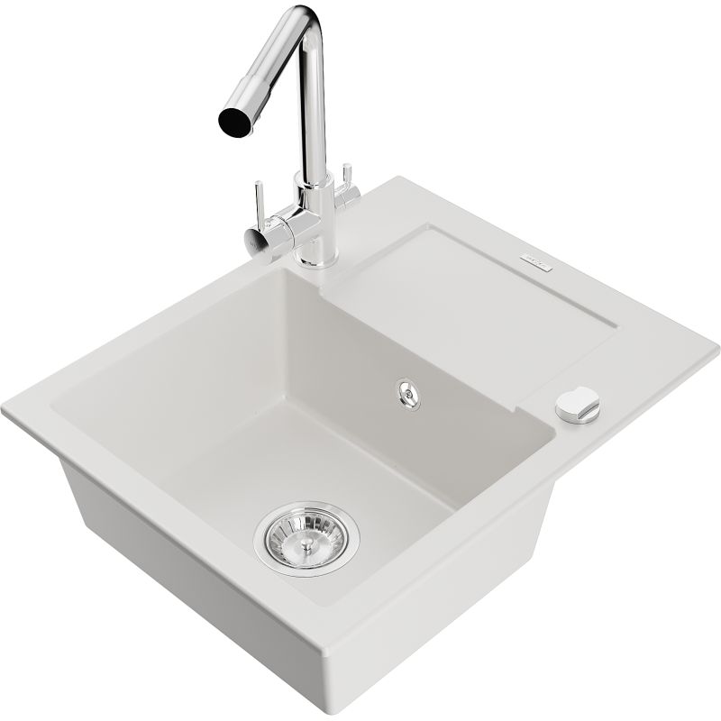Zlewozmywak granitowy 1-komorowy Mexen Enzo z ociekaczem i baterią kuchenną Duero biały 6506-20-671600-00