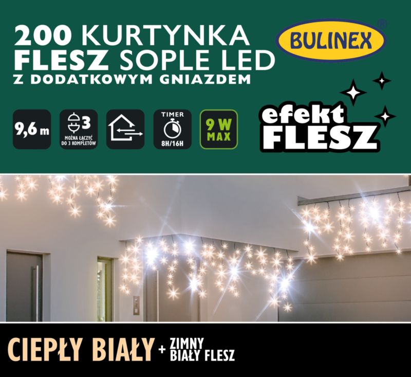 Kurtyna zewnętrzna Bulinex sople 200 LED 9,6 m barwa ciepła biała + biały flesz
