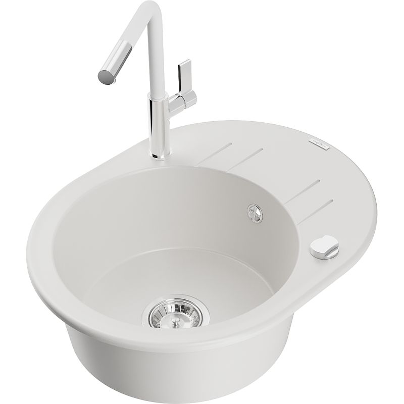 Zlewozmywak granitowy 1-komorowy Mexen Kevin z ociekaczem i baterią kuchenną Flora biały 6517-20-670401-02