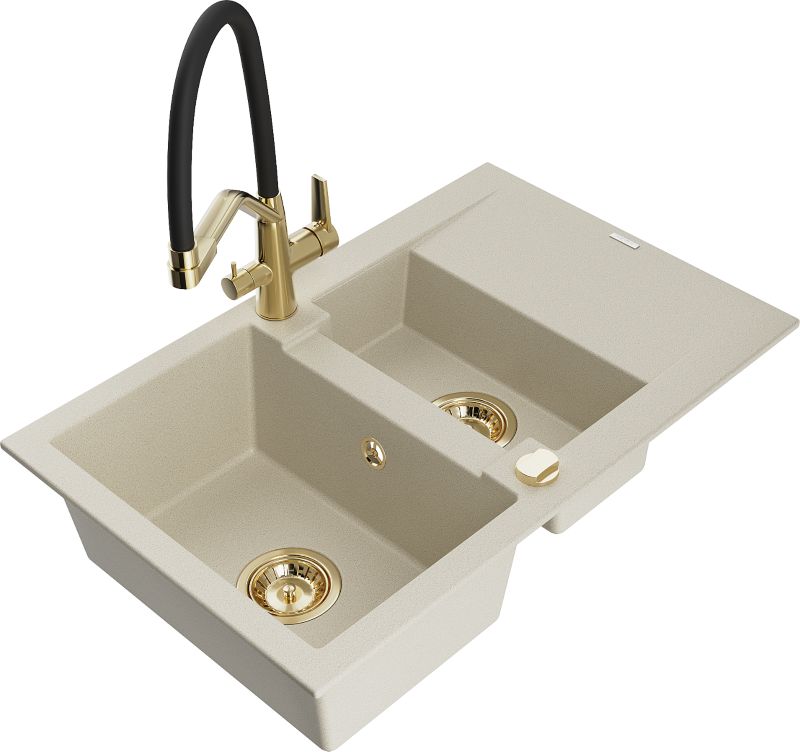 Zlewozmywak granitowy Mexen Gaspar 1,5-komorowy z ociekaczem i baterią kuchenną Duo beżowy 6507-69-671701-57-G