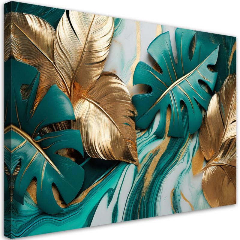 Obraz na płótnie Feeby Liście Monstery Złoty Turkusowy Marmur 120x80cm 1szt