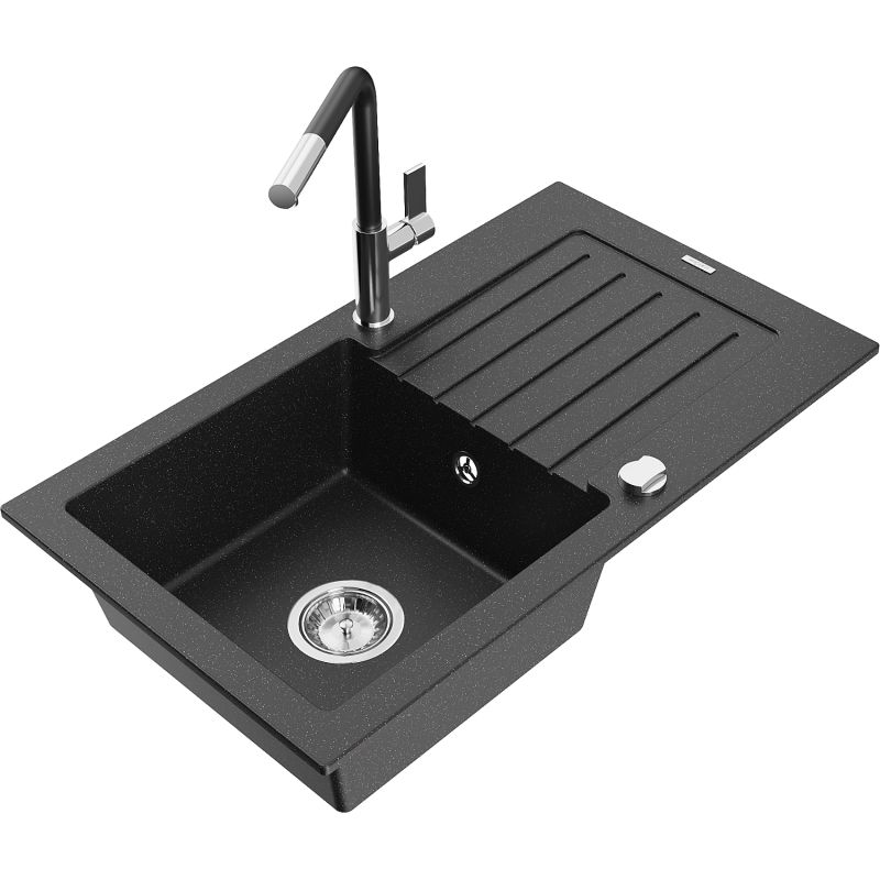 Zlewozmywak granitowy 1-komorowy Mexen Pablo z ociekaczem i baterią kuchenną Flora czarny/srebrny metalik 6510-73-670401-07