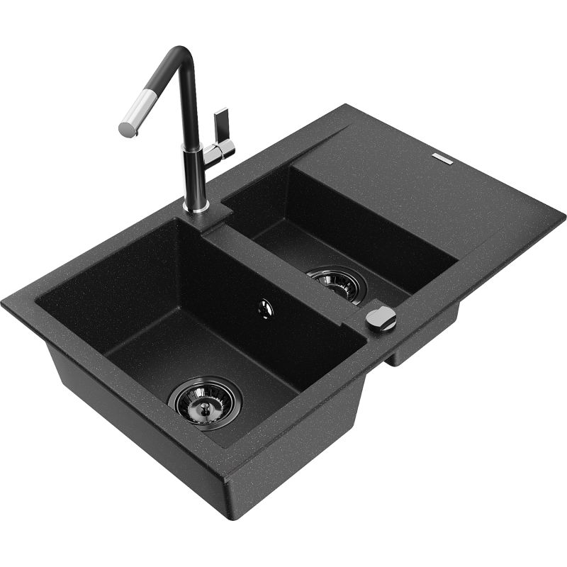 Zlewozmywak granitowy 1.5-komorowy Mexen Gaspar z ociekaczem i baterią kuchenną Flora czarny/srebrny 6507-73-670401-07-B