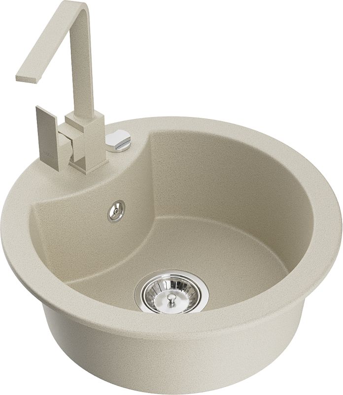 Zlewozmywak granitowy Mexen Diego 1-komorowy z baterią kuchenną Rita beżowy 6512-69-670300-69