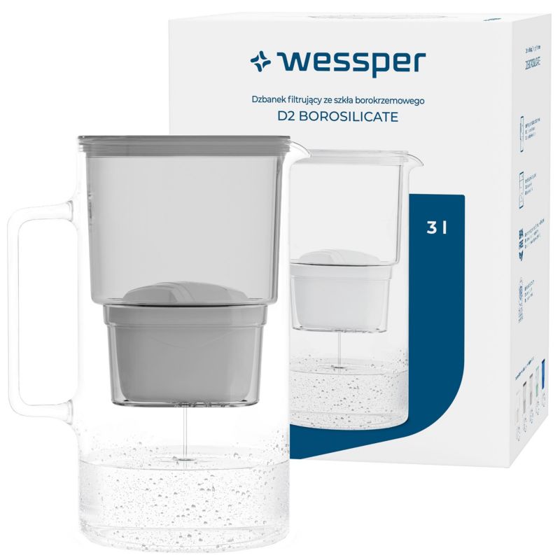 Dzbanek filtrujący wodę 3l, Wessper, szklany, szary + 1x filtr do wody Wessper AquaClassic, 2szt