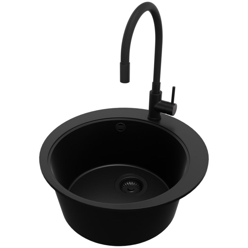 Zlewozmywak Granitowy Okrągły Piza PRIMAGRAN Nablatowy 50x50cm do szafki od 45cm z Syfonem i Baterią Cały Czarny 1 szt.