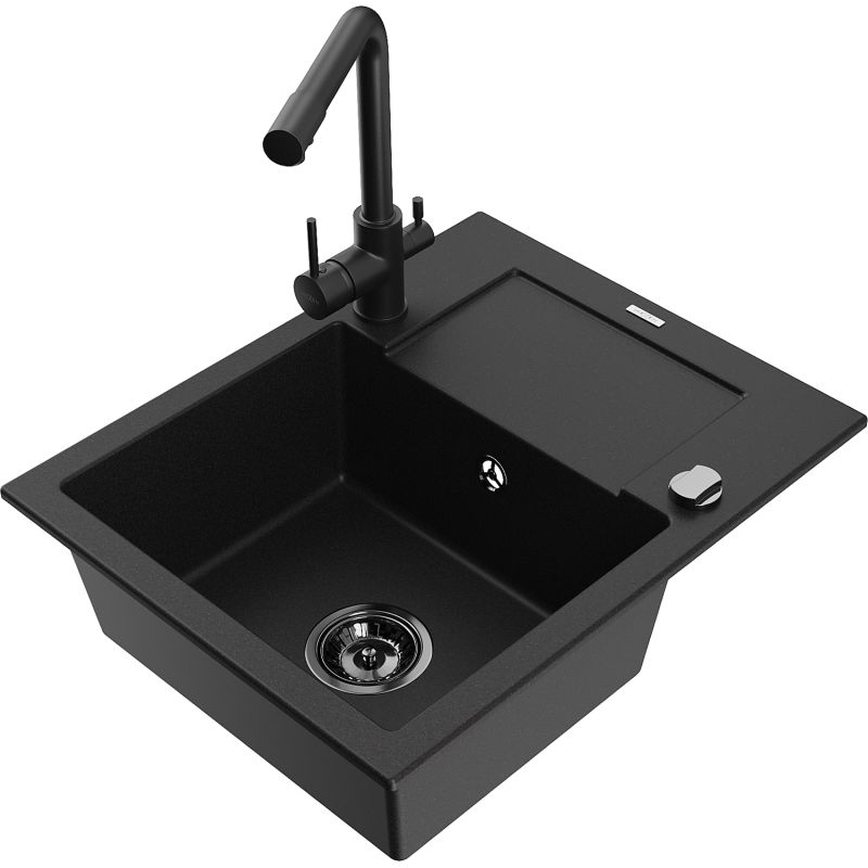 Zlewozmywak granitowy 1-komorowy Mexen Enzo z ociekaczem i baterią kuchenną Duero czarny - 6506-77-671600-70 1 szt.