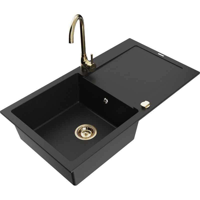 Zlewozmywak granitowy 1-komorowy Mexen Leo z ociekaczem i baterią kuchenną Telma czarny 6501-77-670200-50