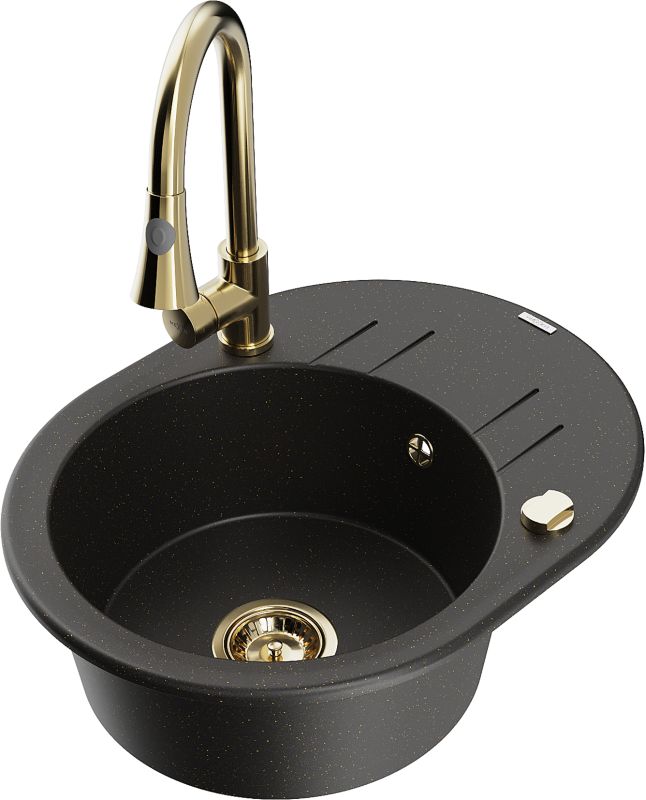 Zlewozmywak granitowy Mexen Kevin 1-komorowy z ociekaczem i baterią kuchenną Elia czarny/złoty 6517-75-670101-50