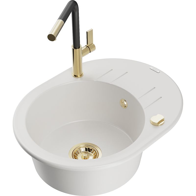 Zlewozmywak granitowy 1-komorowy Mexen Kevin z ociekaczem i baterią kuchenną Flora biały 6517-20-670401-57-G