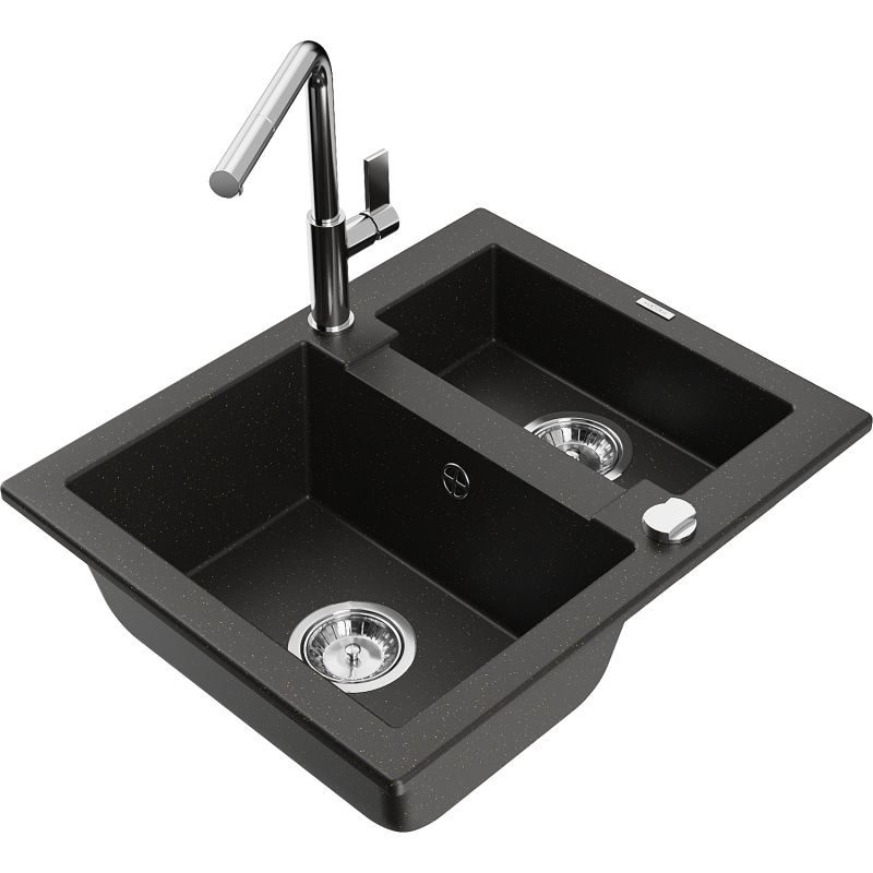 Zlewozmywak granitowy 1.5-komorowy Mexen Carlos z baterią kuchenną Flora czarny/złoty metalik 6518-75-670401-00