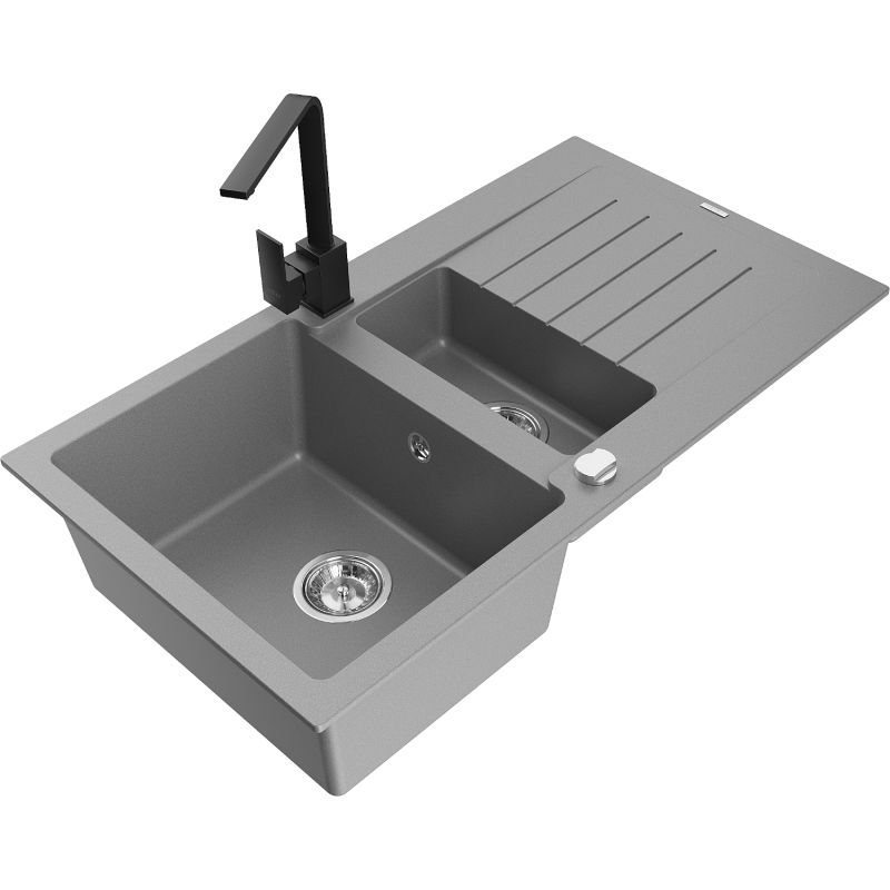 Zlewozmywak granitowy 1.5-komorowy Mexen Matias z ociekaczem i baterią kuchenną Rita szary - 6502-71-670300-71 1 szt.
