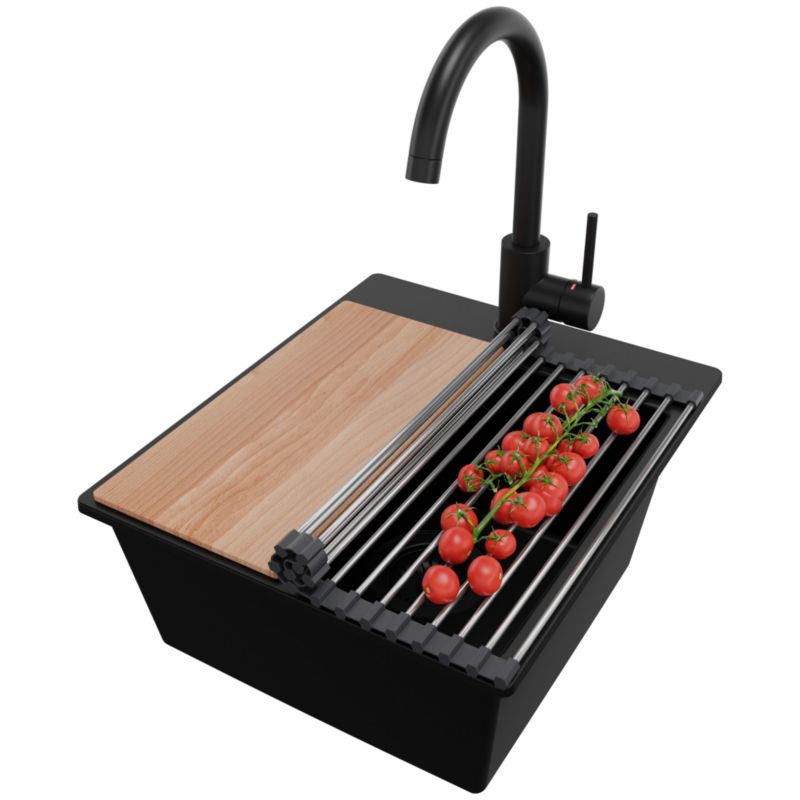 Zlewozmywak Granitowy Ryga Easy PRIMAGRAN Nablatowy 38x44cm do szafki od 40cm z Syfonem i Baterią i Dodatkiem Cały Czarny 1 szt.