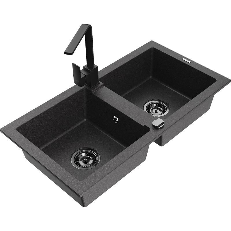 Zlewozmywak granitowy 2-komorowy Mexen Mario z baterią kuchenną Rita czarny nakrapiany - 6504-76-670300-76 1 szt.