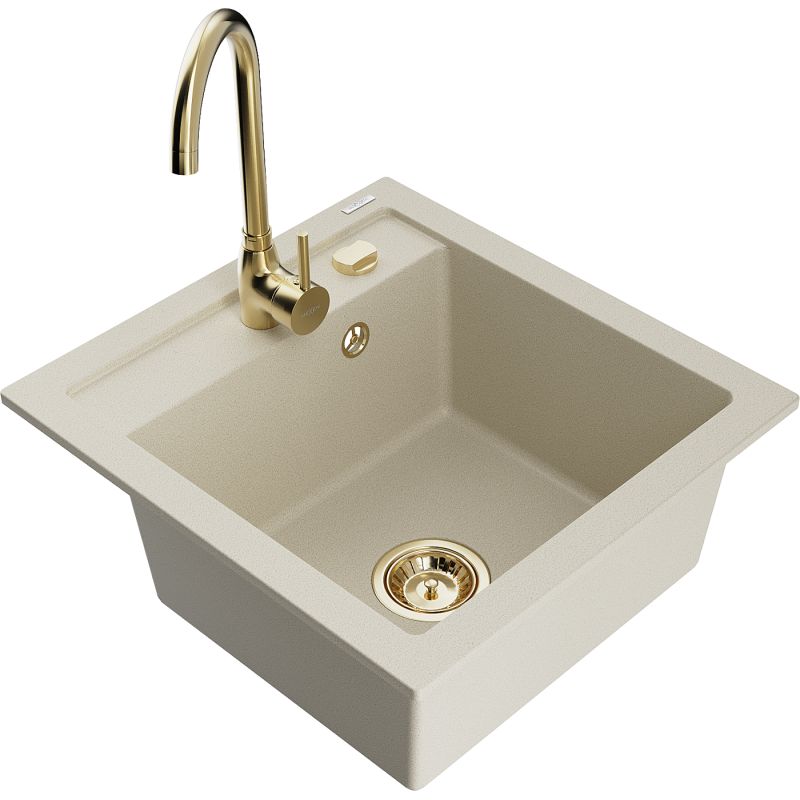 Zlewozmywak granitowy 1-komorowy Mexen Vito z baterią kuchenną Telma beżowy 6503-69-670200-50