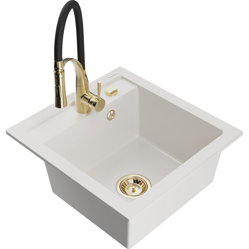 Zlewozmywak granitowy 1-komorowy Mexen Vito z baterią kuchenną Aster biały 6503-20-73450-57-G