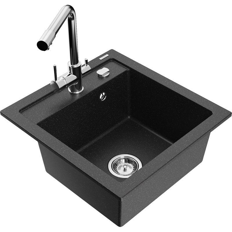 Zlewozmywak granitowy 1-komorowy Mexen Vito z baterią kuchenną Duero czarny/srebrny metalik 6503-73-671600-00