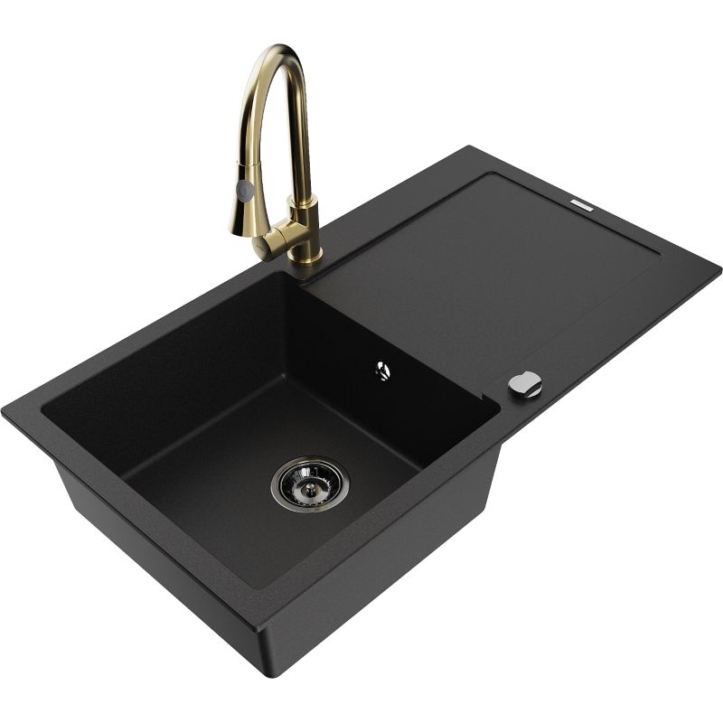 Zlewozmywak granitowy 1-komorowy Mexen Leo z ociekaczem i baterią kuchenną Elia czarny 6501-77-670101-50-B