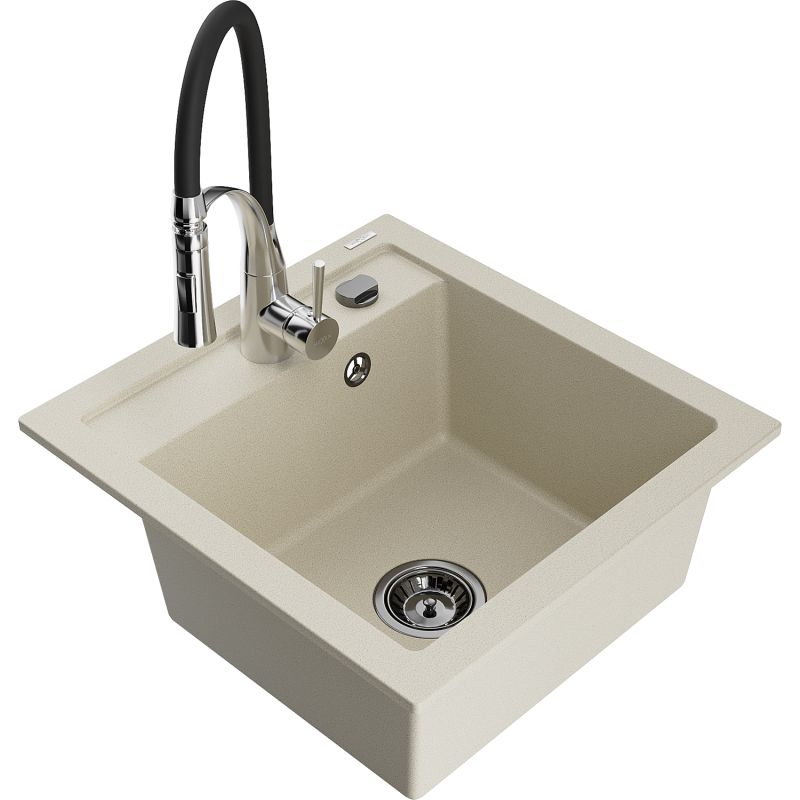 Zlewozmywak granitowy 1-komorowy Mexen Vito z baterią kuchenną Aster beżowy 6503-69-73450-07-B