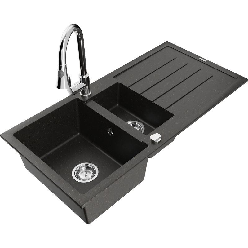 Zlewozmywak granitowy 1.5-komorowy Mexen Andres z ociekaczem i baterią kuchenną Elia czarny/złoty metalik 6515-75-670101-00