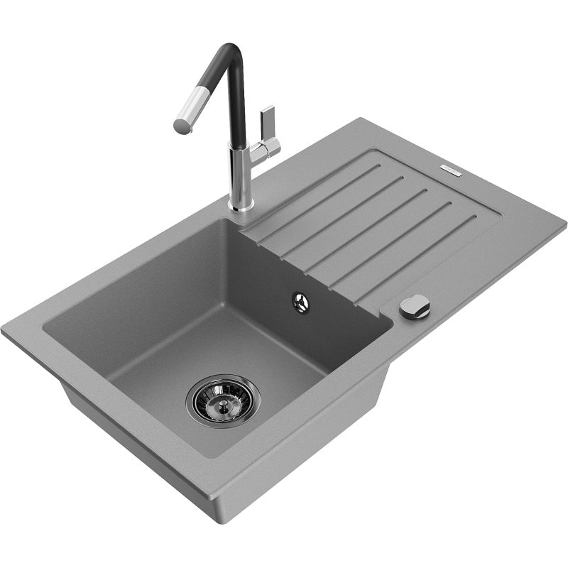 Zlewozmywak granitowy 1-komorowy Mexen Pablo z ociekaczem i baterią kuchenną Flora szary 6510-71-670401-07-B