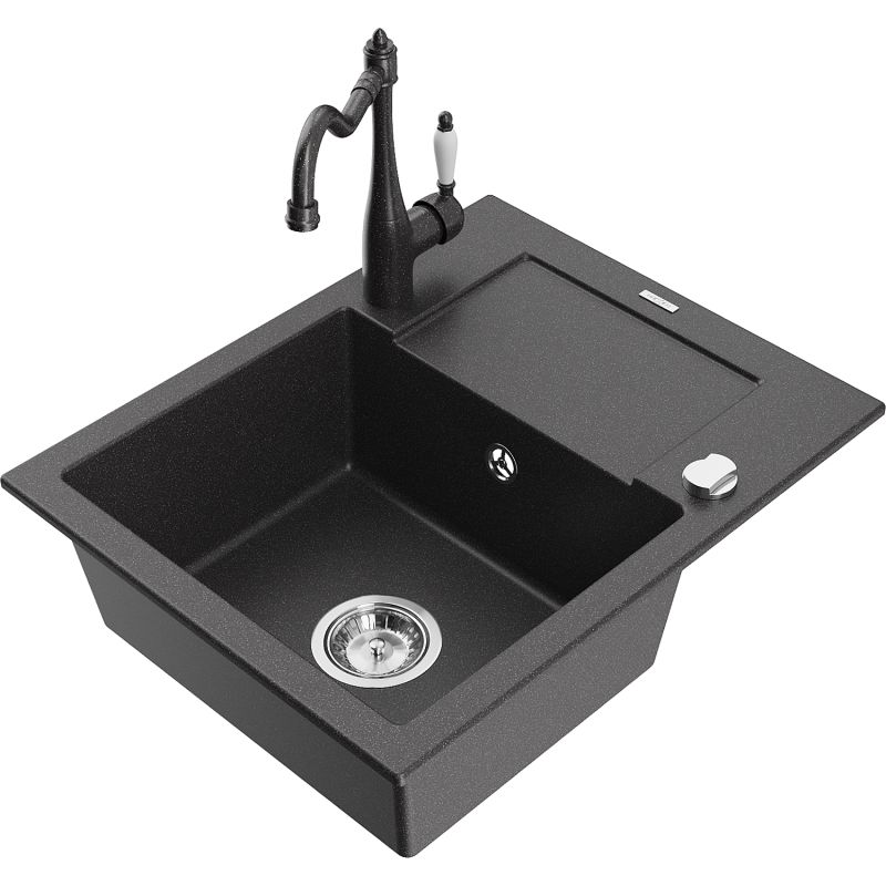 Zlewozmywak granitowy 1-komorowy Mexen Enzo z ociekaczem i baterią Carla czarny/srebrny metalik - 6506-73-670700-70 1 szt.