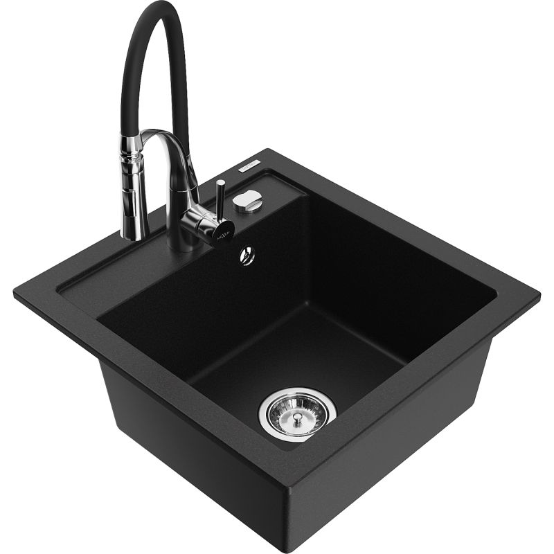 Zlewozmywak granitowy 1-komorowy Mexen Vito z baterią kuchenną Aster czarny 6503-77-73450-07