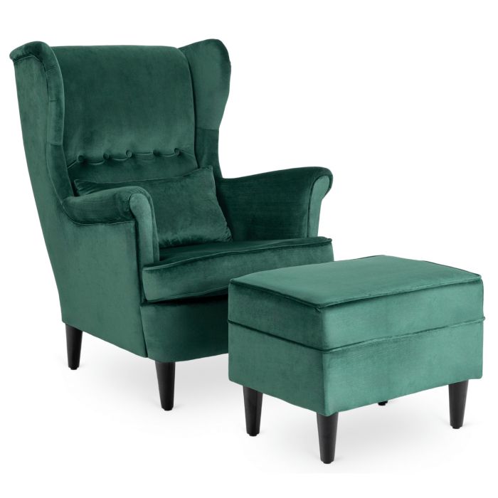 Fotel Mebel Elite EVAN 2 Uszak Z Podnóżkiem Wypoczynkowy Welurowy Do Salonu Zielony 1 szt