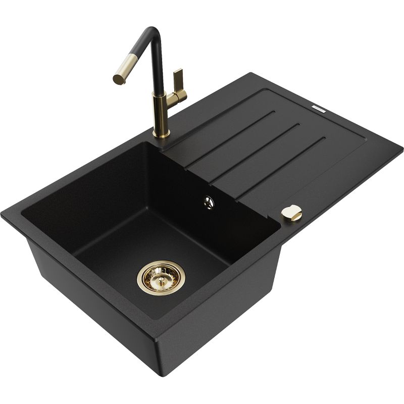 Zlewozmywak granitowy 1-komorowy Mexen Bruno z ociekaczem i baterią kuchenną Flora czarny 6513-77-670401-57-G