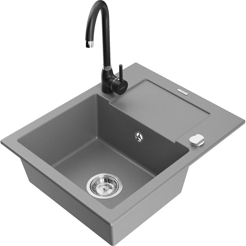 Zlewozmywak granitowy 1-komorowy Mexen Enzo z ociekaczem i baterią kuchenną Telma szary 6506-71-670200-70