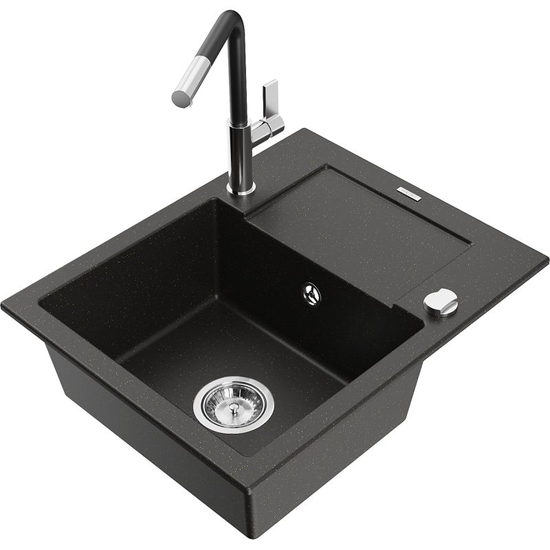 Zlewozmywak granitowy 1-komorowy Mexen Enzo z ociekaczem i baterią kuchenną Flora czarny/złoty metalik 6506-75-670401-07