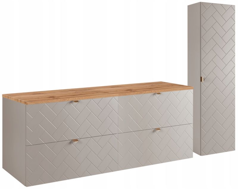 Zestaw mebli łazienkowych Furnidea kaszmir 160 cm szafka pod umywalkę blat dąb wotan słupek ryflowany Trend zestaw