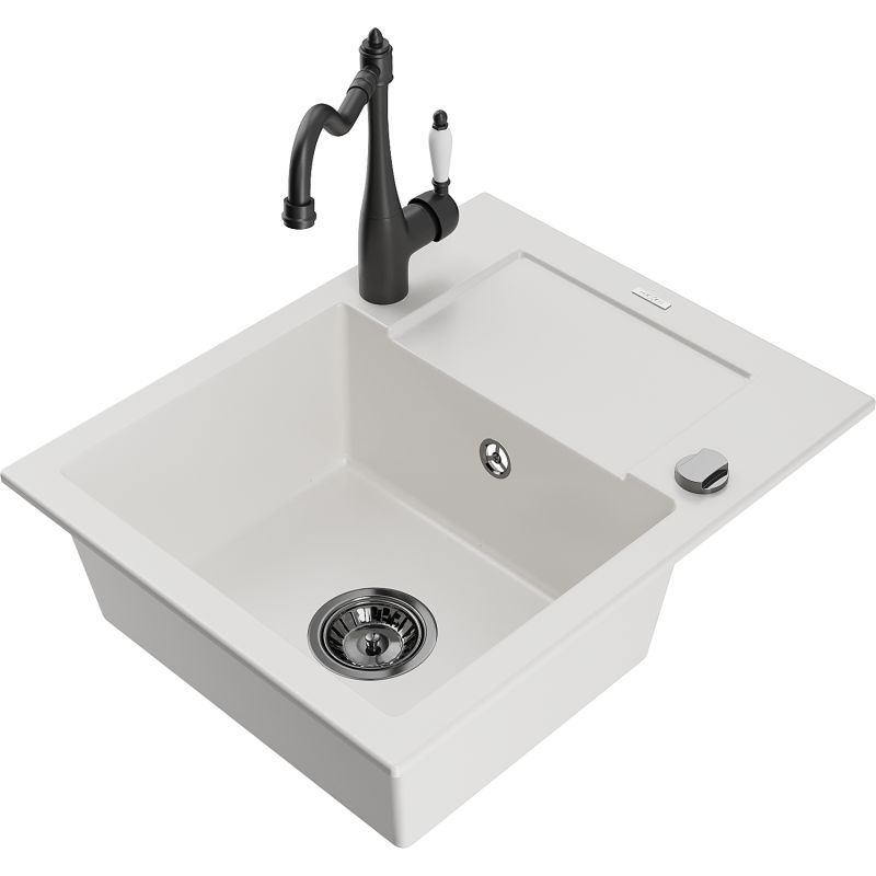 Zlewozmywak granitowy 1-komorowy Mexen Enzo z ociekaczem i baterią kuchenną Carla czarny - 6506-77-670700-70 1 szt.