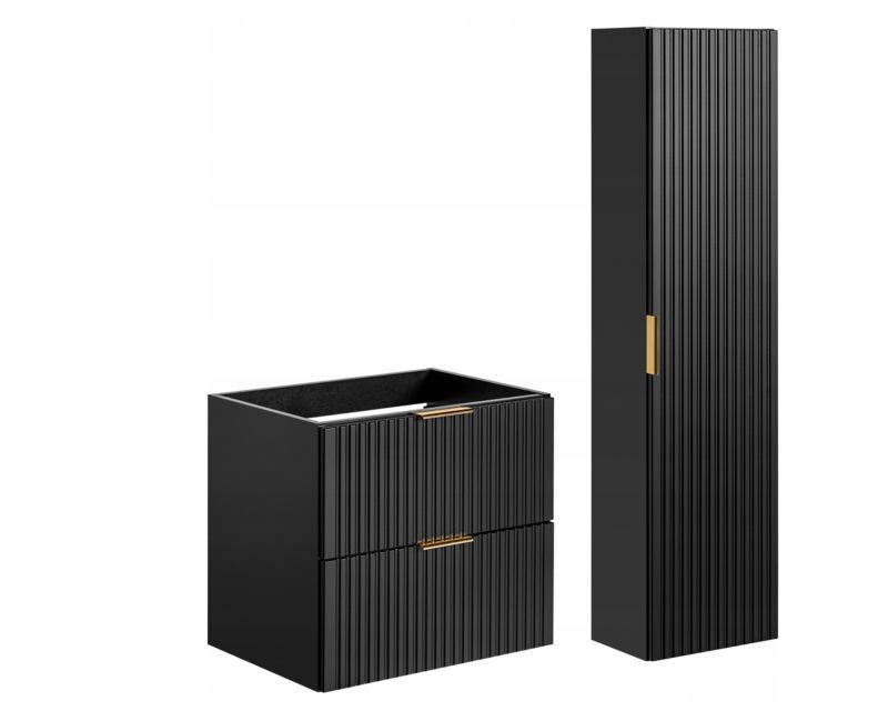 Szafka pod umywalkę i słupek Furnidea 60 cm + 140 cm czarny mat ryflowany Adel zestaw