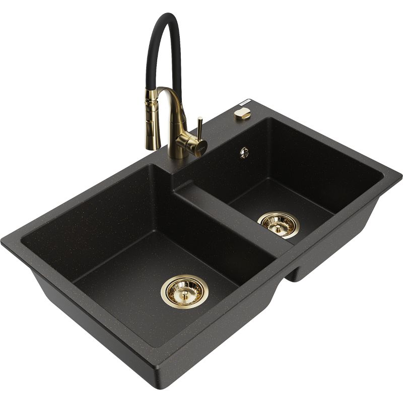 Zlewozmywak granitowy 2-komorowy Mexen Tomas z baterią kuchenną Aster czarny/złoty metalik 6516-75-73450-57-G
