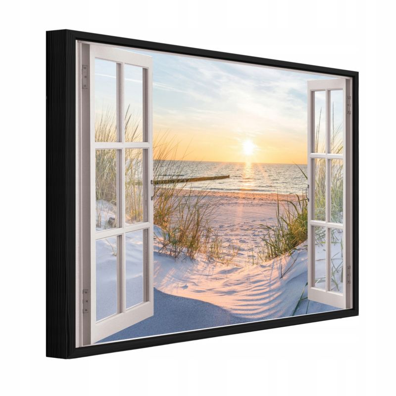 Obraz W Ramie WALLARENA Do Sypialni Salonu Na Płótnie Okno Morze Plaża Beżowy 100x70 cm PPR14242O1 1 szt.