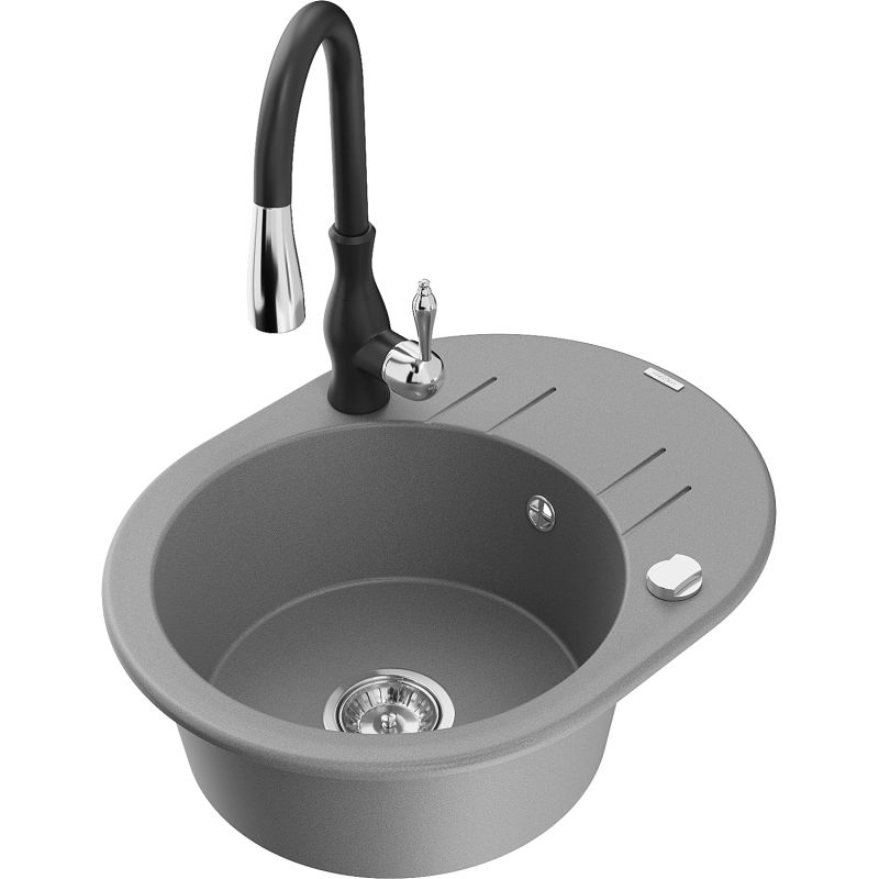 Zlewozmywak granitowy 1-komorowy Mexen Kevin z ociekaczem i baterią kuchenną Savita szary 6517-71-672601-70