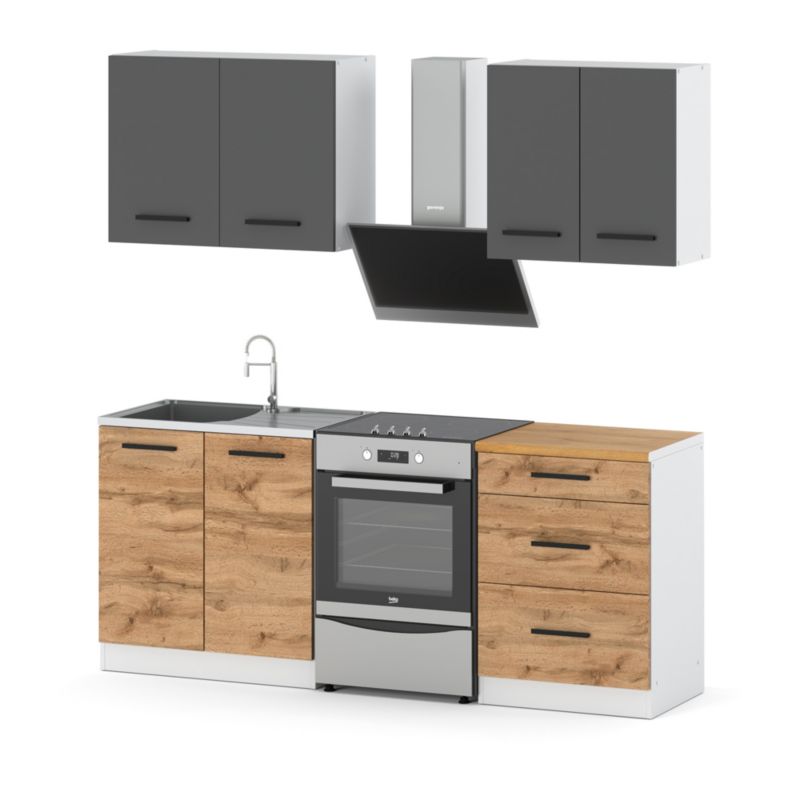 Zestaw Kuchenny Hurtownia-Mebli Z Blatem Kuchnia Mini Mokka 200cm Biały Mat Szary Mat/Dąb Wotan 200x47x145 cm 1szt.