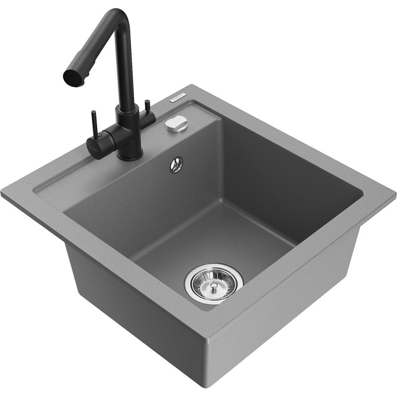 Zlewozmywak granitowy 1-komorowy Mexen Vito z baterią kuchenną Duero szary 6503-71-671600-70
