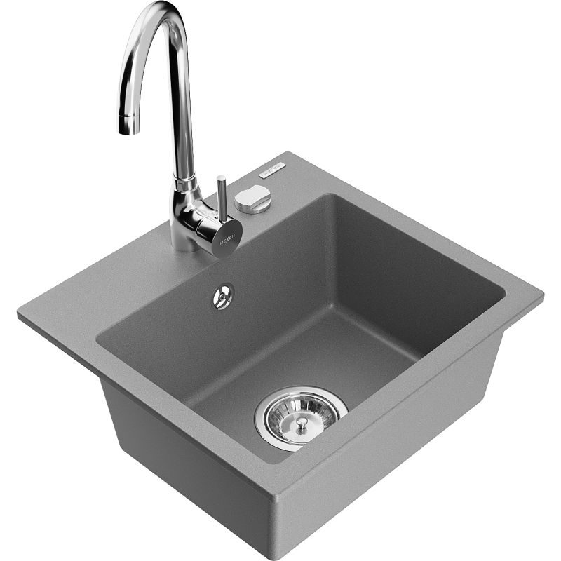 Zlewozmywak granitowy 1-komorowy Mexen Milo z baterią kuchenną Telma szary 6505-71-670200-00