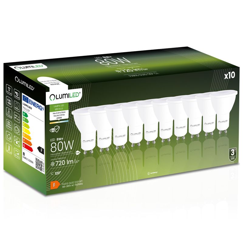 Żarówka LED Lumiled GU10 Reflektor PAR16 8W 720lm 4000K 120st 10 szt.
