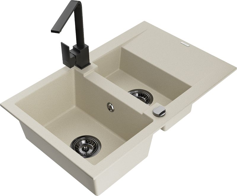 Zlewozmywak granitowy Mexen Gaspar 1,5-komorowy z ociekaczem i baterią kuchenną Rita biały - 6507-20-670300-70 1 szt.